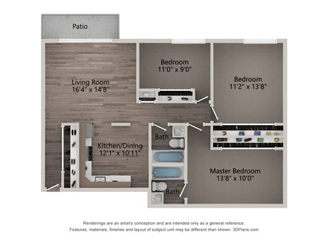 Floor plan for 3 beds, 2 baths, 1200 sqft